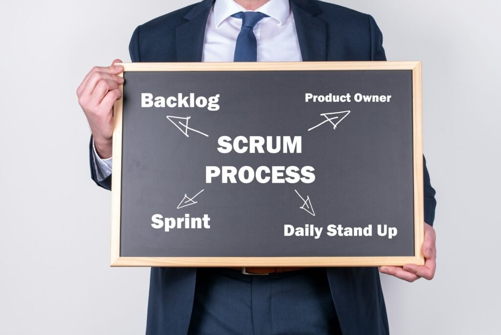 Businessman wearing a suit and holding a blackboard with scrum strategy and SPRINT written on it